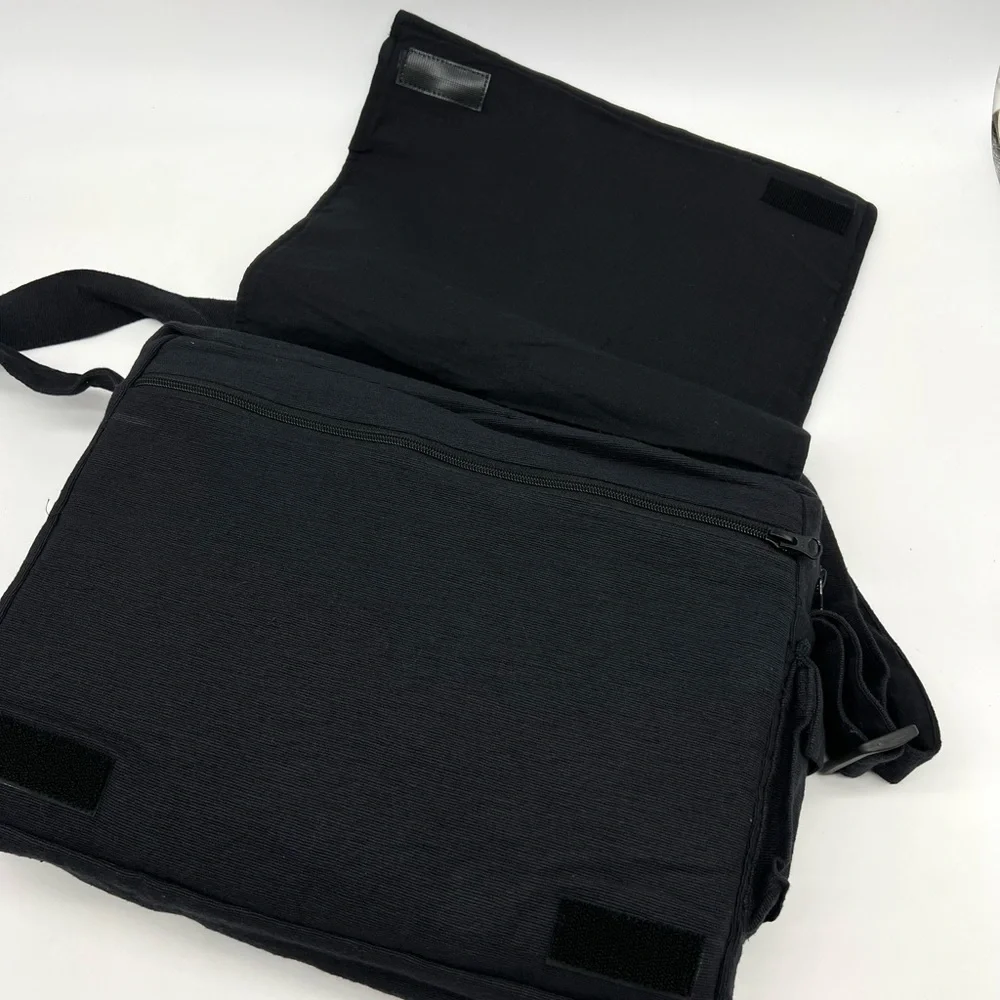Black Cotton Laptop Messenger Bag with Swirl Embroidery